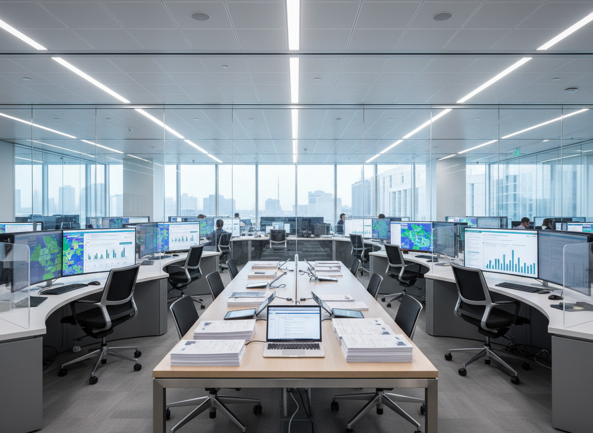 A large, glass-walled research operations room filled with sleek workstations, each displaying high-resolution polling dashboards, interactive maps of electoral districts, and charts showing trends over time. Transparent acrylic dividers and minimalist black chairs emphasize a modern, analytical environment. Soft, cool-white overhead lighting combines with faint daylight from floor-to-ceiling windows, creating crisp reflections on brushed metal surfaces. The mood is professional, precise, and focused, emphasizing nonpartisan, methodical political research. Captured at eye level with a wide-angle lens, the composition uses the rule of thirds to highlight a central table covered in printed surveys, tablets, and a single open laptop, all in sharp photographic realism with clean, modern aesthetics.