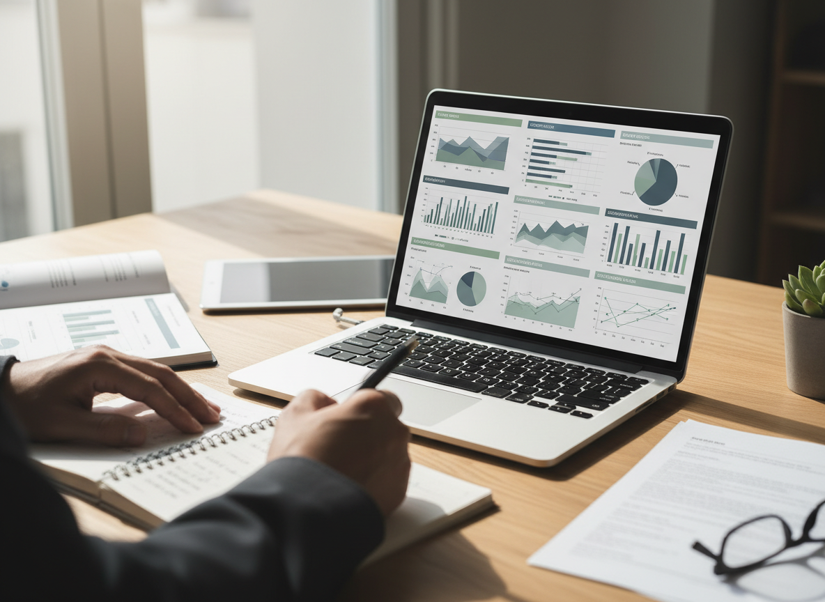 Professional photographic image of data analysis and survey research, a close-up of statistical charts and polling data visualizations on a screen with a person's hands taking notes nearby. Clean, analytical, neutral professional aesthetic. Natural light, muted color palette.