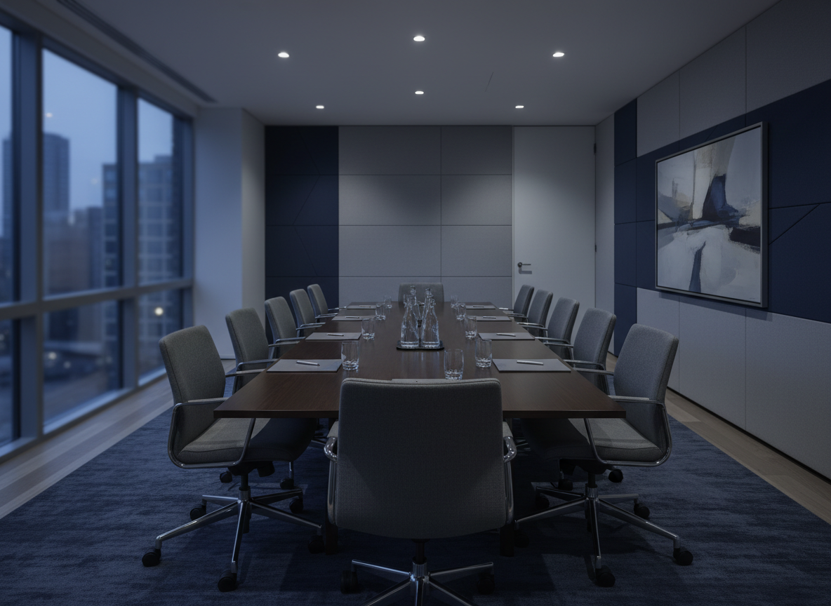 Dimmed professional consultation room or executive office with a large conference table, soft ambient lighting, empty and calm, suggesting a serious research firm. Neutral navy and gray tones, sophisticated and credible atmosphere. Photographic, editorial style.