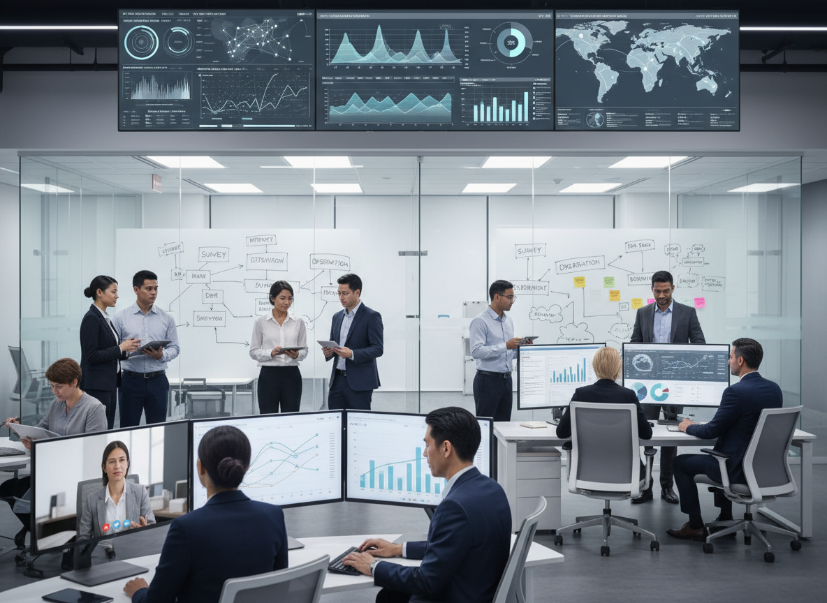 Professional photographic image representing mixed-mode research methodology, a diverse group of people in a modern research operations center with multiple communication methods and data screens. Neutral, non-partisan, analytical rigor. Professional lighting.