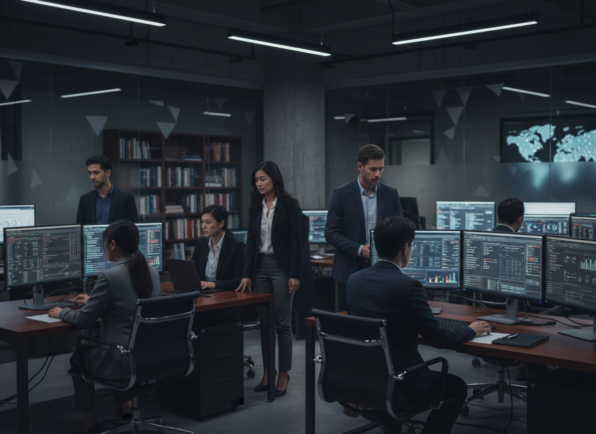 Professional photographic image of a modern polling and political research setting, dark navy tones, a diverse team of researchers analyzing data on screens in a dim, sophisticated office environment. Neutral, non-partisan, credible atmosphere. Muted lighting, subtle depth. Editorial documentary style.